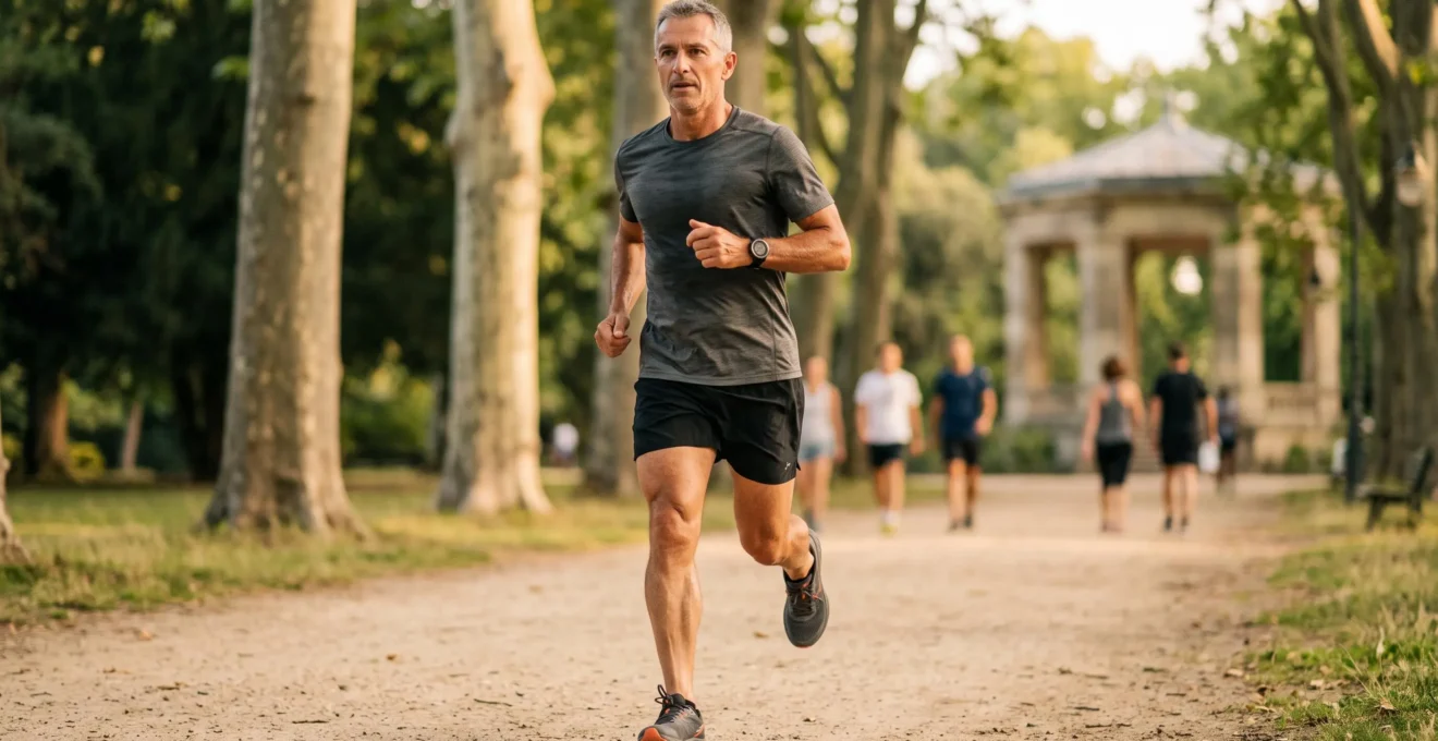Homme d'âge mûr pratiquant la course à pied dans un parc français