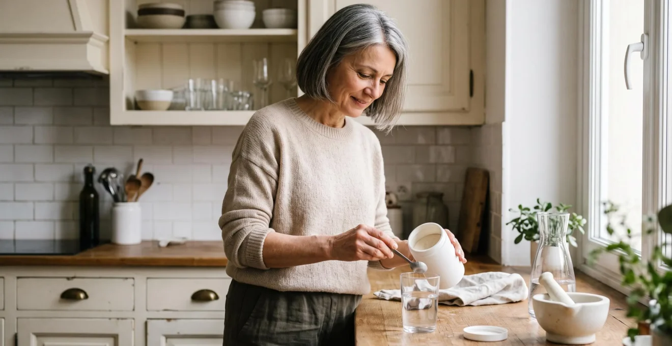 Femme d'âge mûr préparant un complément de collagène en poudre dans sa cuisine