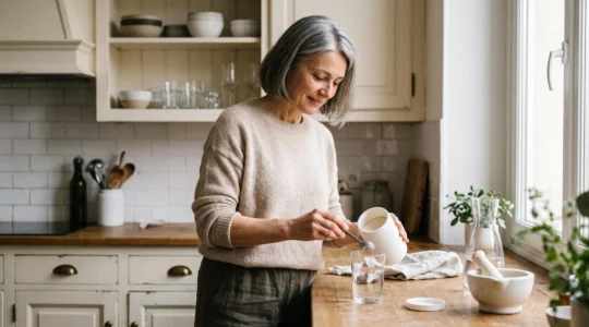 Femme d'âge mûr préparant un complément de collagène en poudre dans sa cuisine