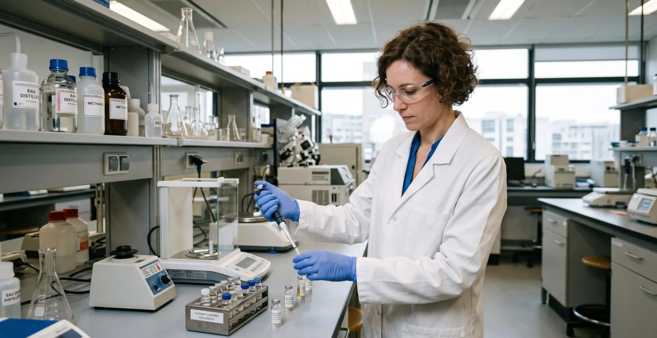 Chercheuse en nutrition analysant des échantillons de peptides de collagène dans un laboratoire